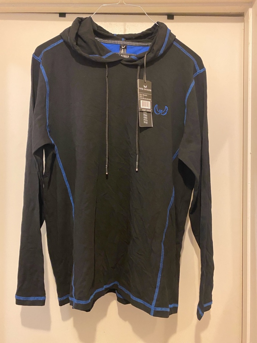 Men's Black Hooded Long-Sleeve Sweater with Blue Stitching
